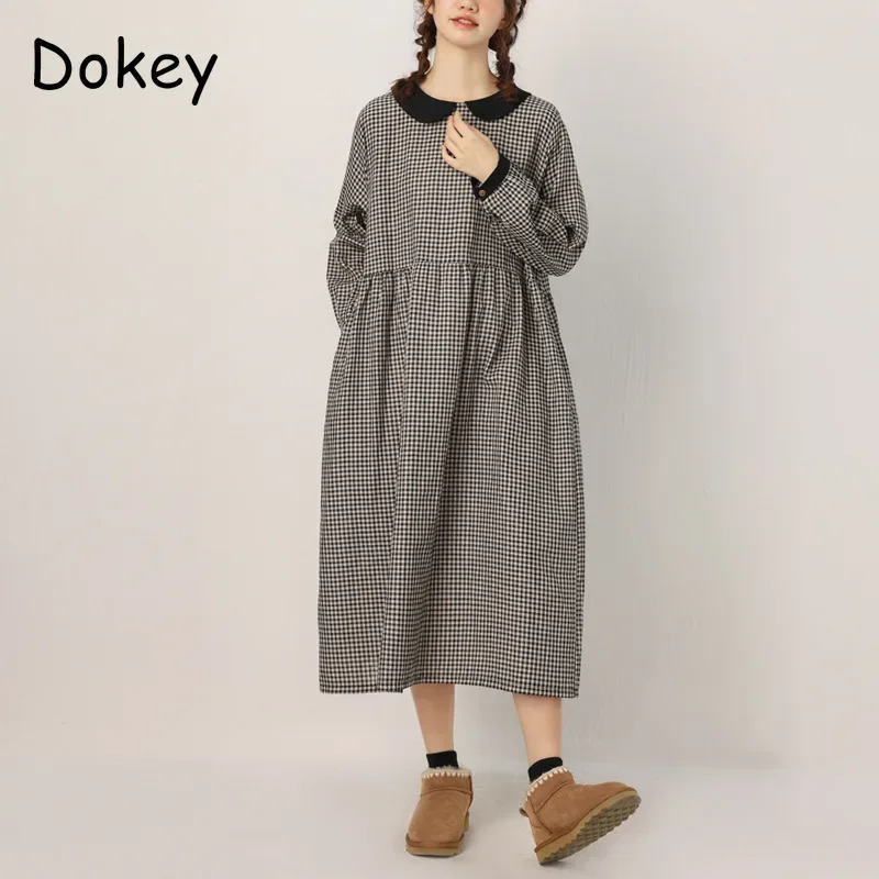 

Vintage Plaid Cotton Linen Dress Women Japanese Autumn Mori Girl Peter Pan Collar Long Sleeve Dresses Casual Oversized Vestidos
