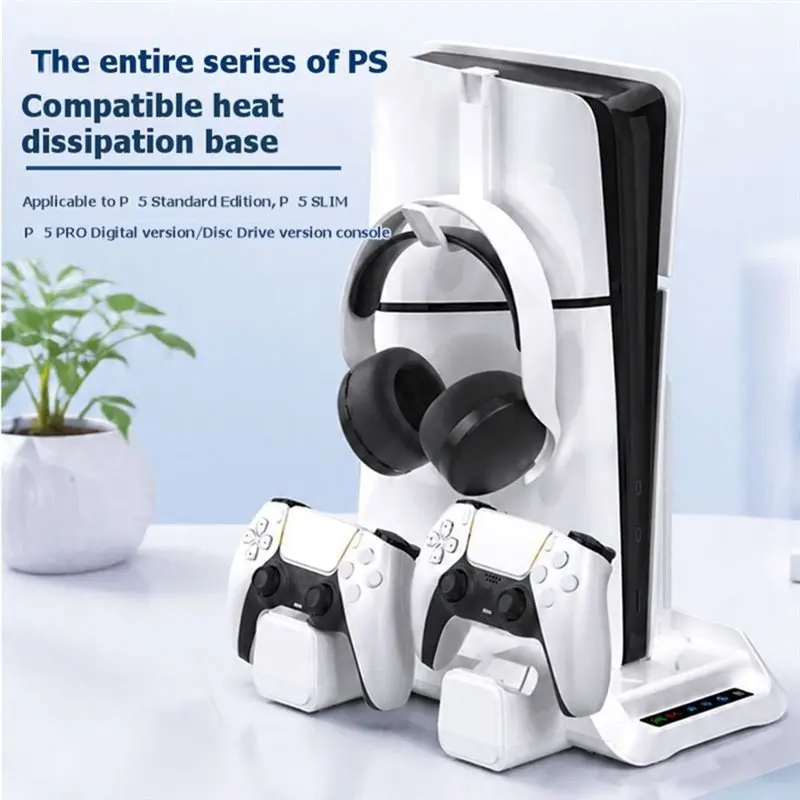 PS5 슬림/PS5 프로용 충전 스테이션, 헤드폰 걸이가 있는 냉각 스탠드, LED 컨트롤러, 3단계 냉각 팬