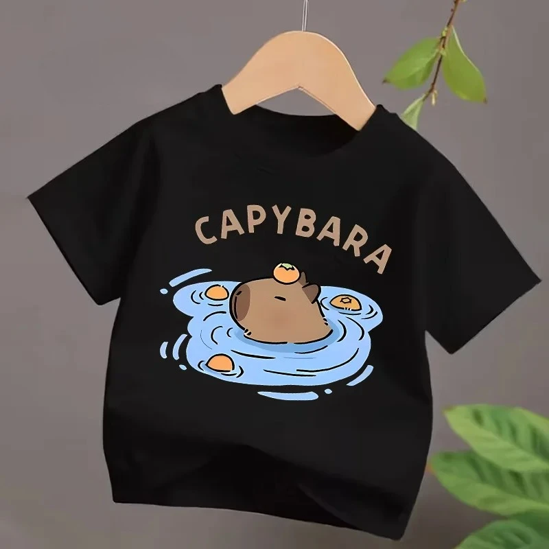 4 To14Y Girls Casual Capybara Print Short Sleeve T-Shirt 2026 New Cute Spring Summer Y2k Children's Crew Neck Tee Tops