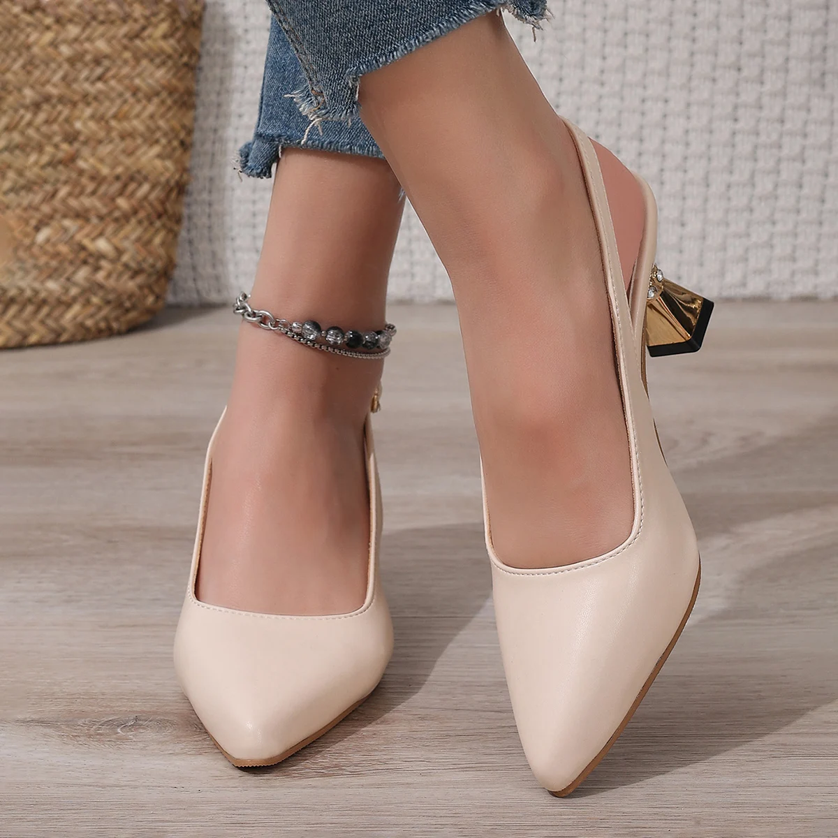 Pu Leather High Heels Pumps Women 2025 Summer Ankle Buckle Thick Heeled Sandals Woman Crystal Decor Pointed Toe Party Shoes
