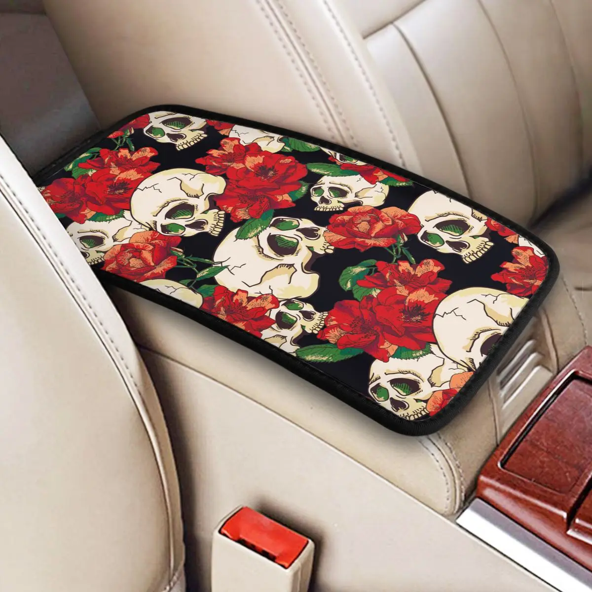 

Car Armrest Cover Mat Leather Floral Skull Center Console Cover Pad Vintage Auto Accessories Interior