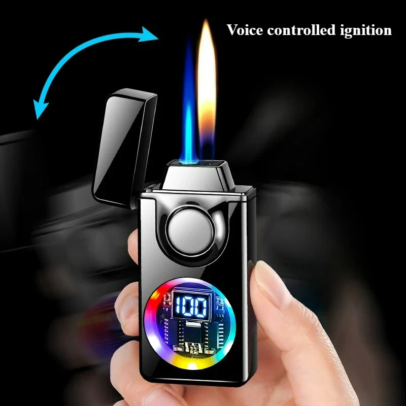 2025 Voice Controlled Ignition Gas Lighter 4 Ignition Methods Battery Display Open Fire Switching Jet Fire USB Electric Lighters