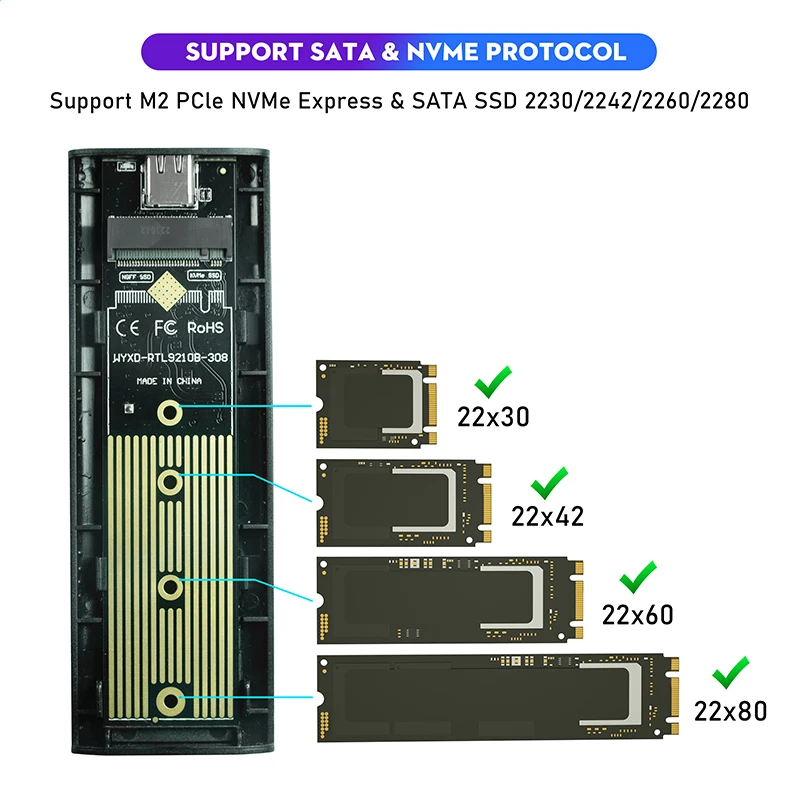 Case SSD M.2 NVMe SATA ELUTENG - Adattatore USB-C 20Gbps Per SSD 2230/2242/2260/2280 Lettore Ssd M2 Nvme Sata - 7