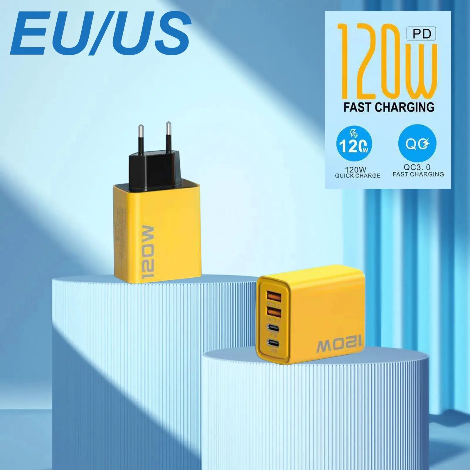 120W 3.0 USB Fast Phone Charger Type C Quick Charge Charging Adapter For Phone 15Pro Max Mate60 Pro 4-port EU/US Charger