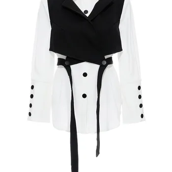 [EAM] 여성용 블랙 밴디지 조끼, 투피스 블라우스, 라펠 긴팔, 루즈핏 셔츠, 패션 타이드 용수철, 가을, 2024, JR675, 신상