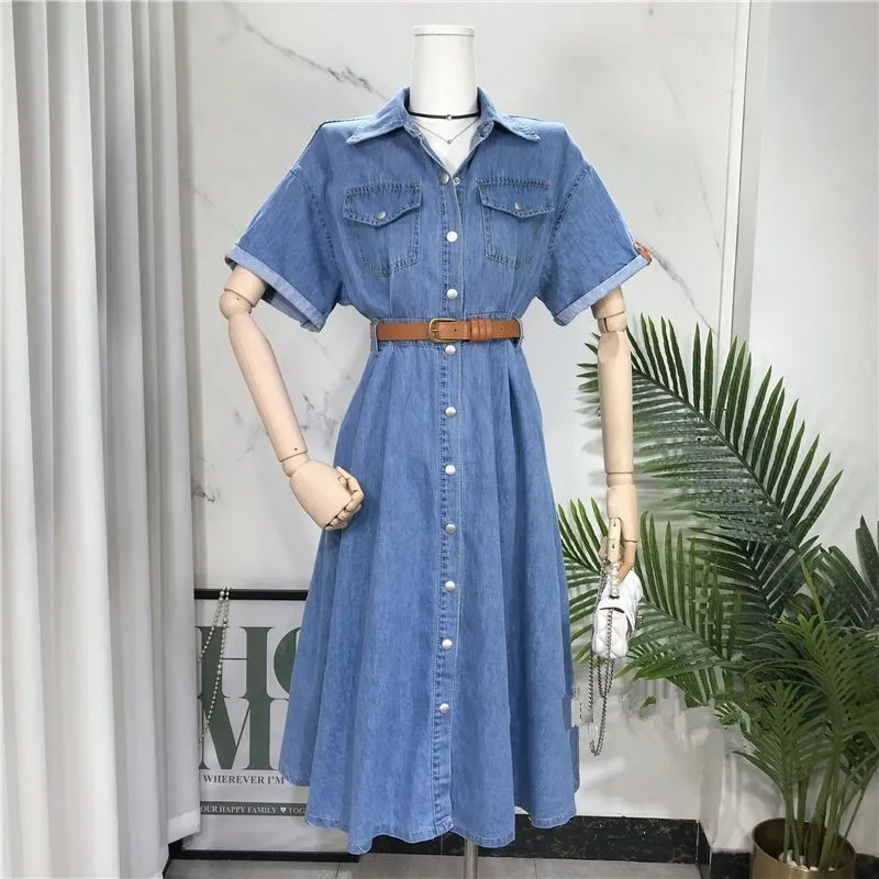 mishow basic vintage blue jeans for women 2023 summer straight high waist pockets casual thin denim full length pants mxc37k0093 Women's Casual Short Sleeve Denim Dress Summer Single Breasted Shirt Long Dress Lady Pockets Mid Calf Length Denim Dress