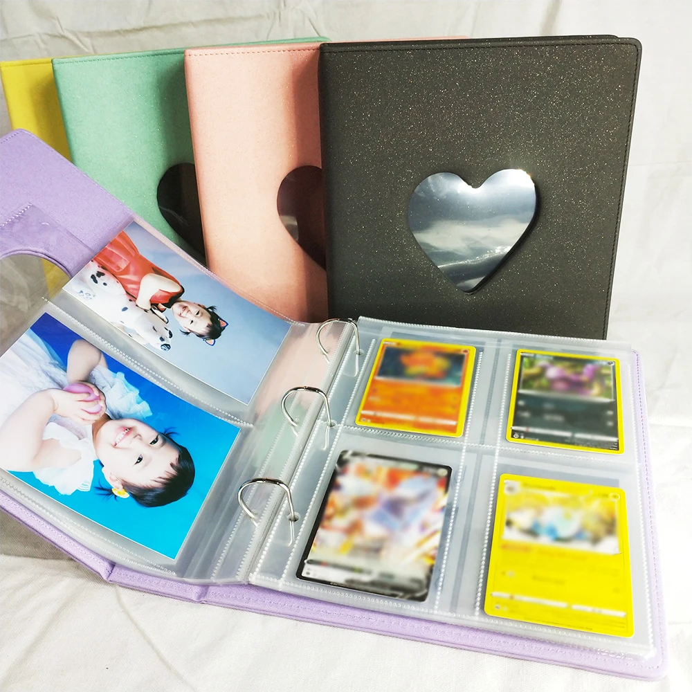 PLRBOK 3 Ring A5 Photo Album with Pockets,Binder Heart Glitter Cover Pretty Notebook Card Book 4×6 10×15 Scrapbook plrbok a5 d shape 3 ring refillable photo album with magnetic buckle glitter pu leather binder cover 10×15 15×21 1 2 4 pockets