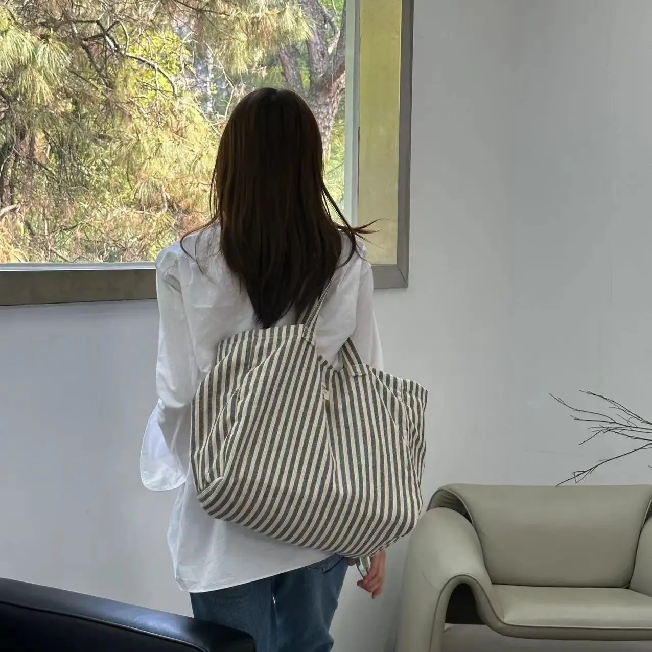 ■ffroi■ striped eco bag STRIPE ECO Eco Friendly Vertical Striped Fabric Large Capacity Shoulder