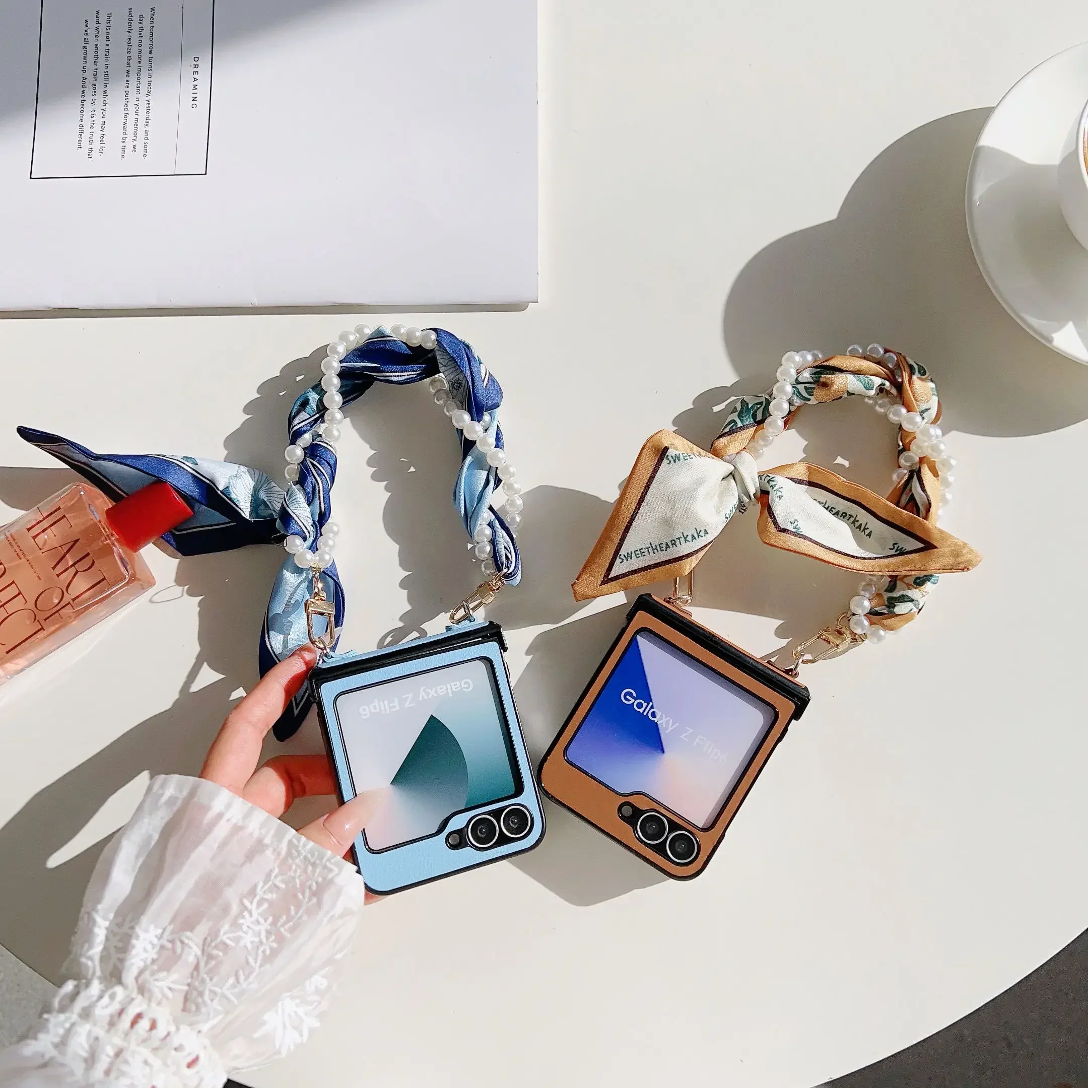 Elegant PU Leather Phone Case with Hinge Protection & Pearl Scarf Wrist Chain Strap Bracelet