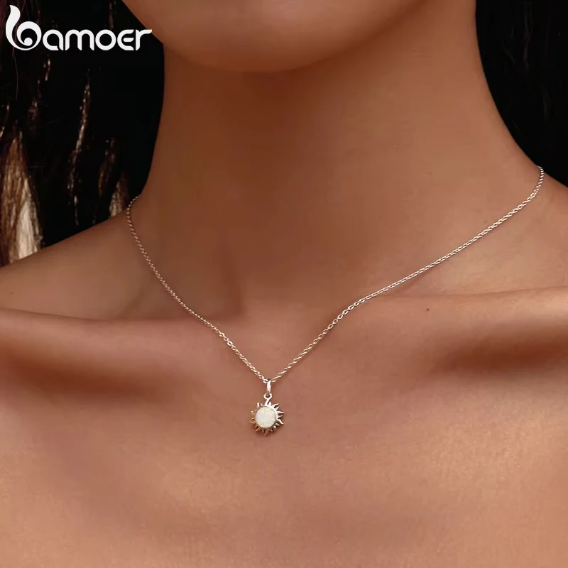 Silver Chain Necklace Natural Stone Necklace Bamoer 925 Sterling Silver White Opal Sun Pendant Necklace Apollo Chain Necklaces for Women Birthday Gift Jewelry