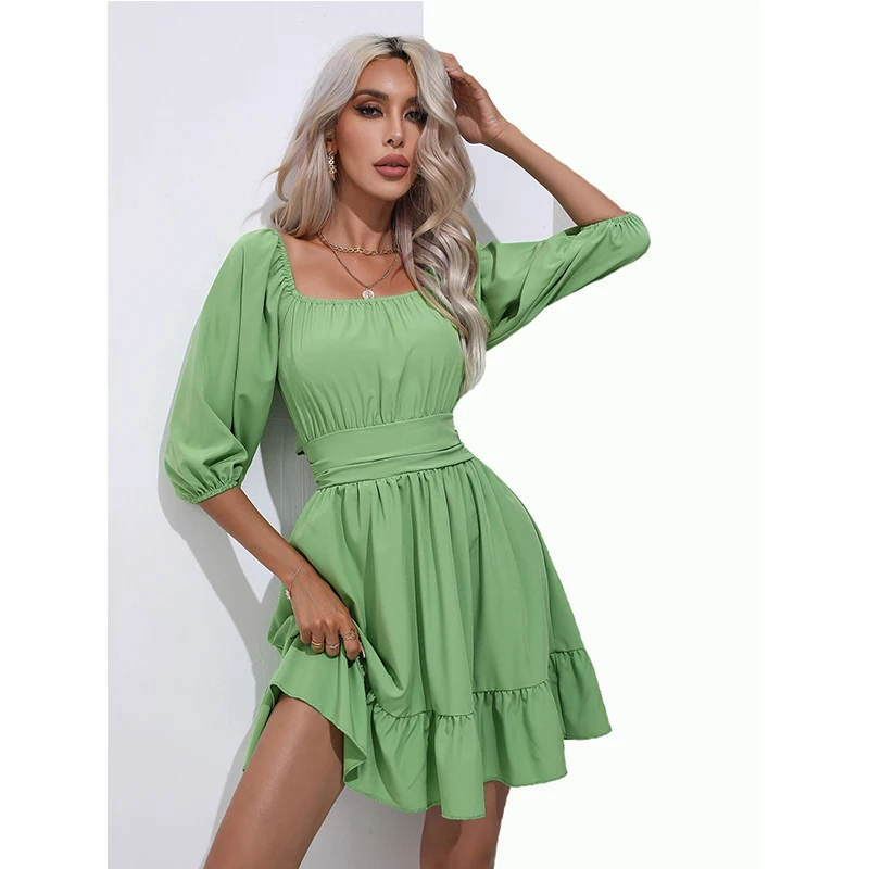 

5 Colors 2023 New Backless Vacation Lace Up Mini Dresses Clothing Summer Solid Slim Women Square Collar Fashion Short Dress