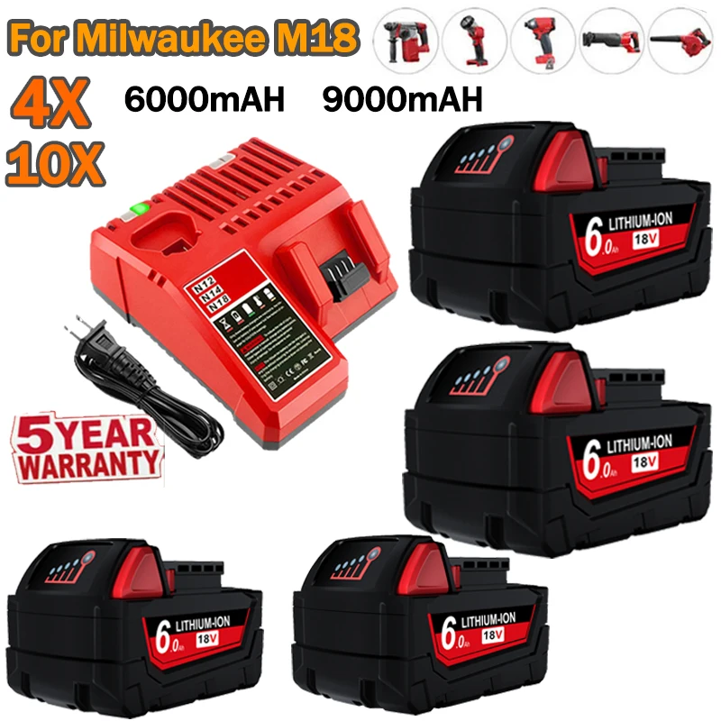 Batería De Litio De 18 V 6.0 Ah, 2 Unidades De Repuesto Para Milwaukee WK18, Compatible Con