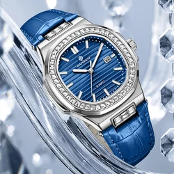 Elegant Women's Blue Leather Luminous Square Quartz Watch (Silver blue)