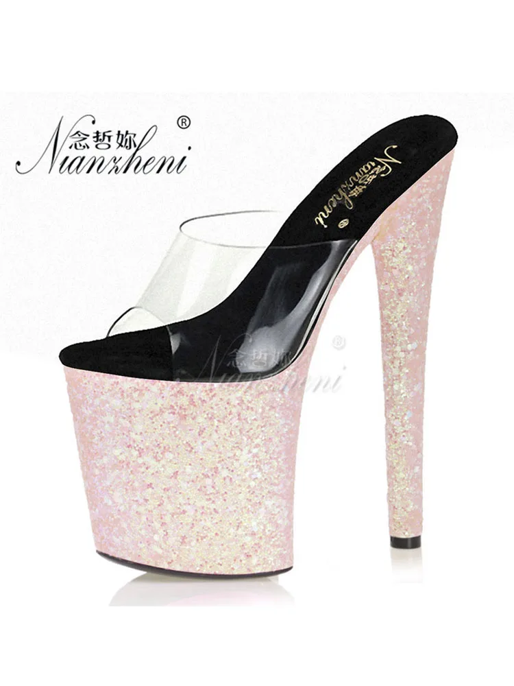 

Flash Bling Platform Clear Peep Toe Women's Slippers 20CM Super Stiletto 8 Inches Exotic Nightclub Stripper Heels Pole Dance