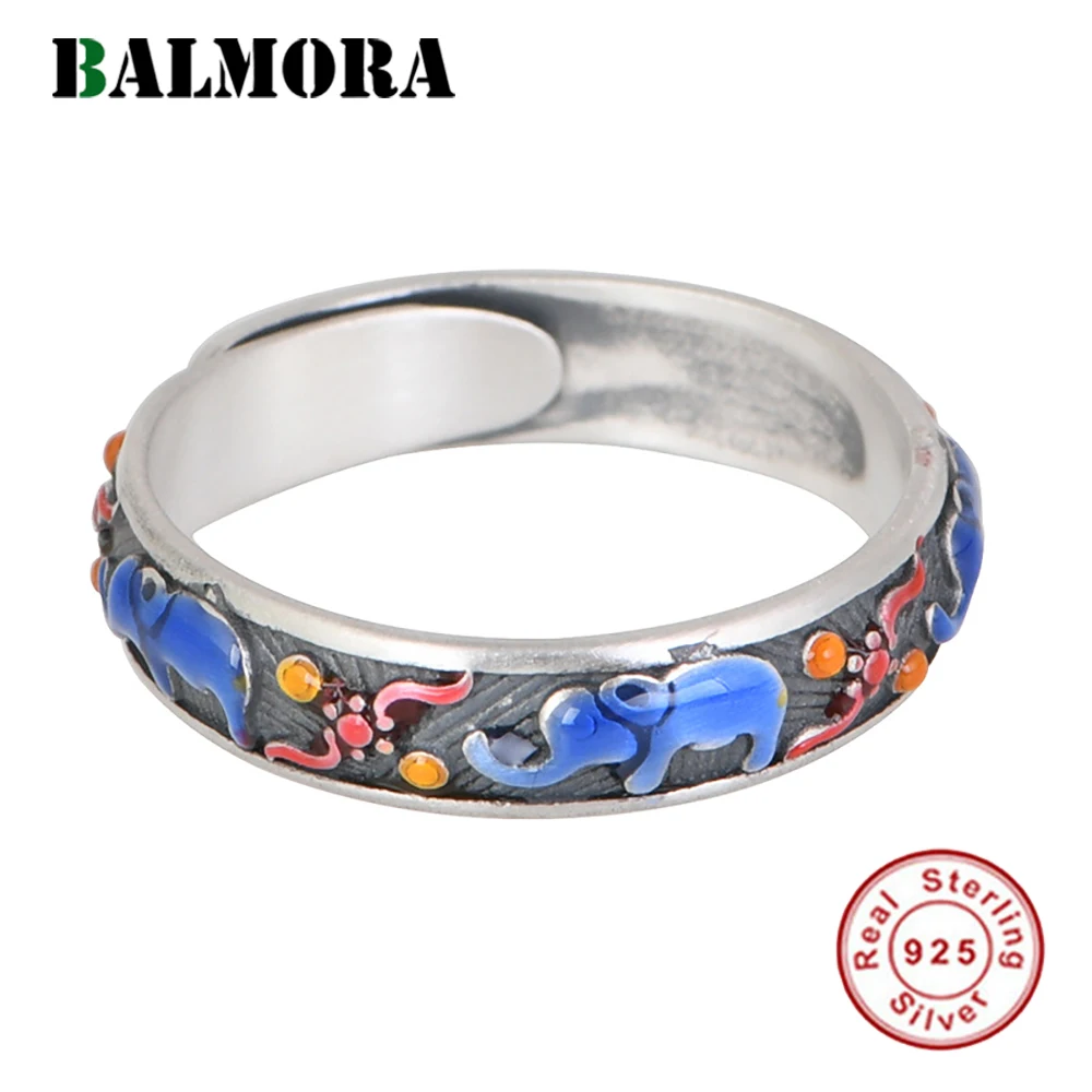 

BALMORA 990 Sterling Silver Cute Lucky Animal Elephant Ring For Women Mother Retro Adjustable Cool Fashion Ring Jewelry Gift