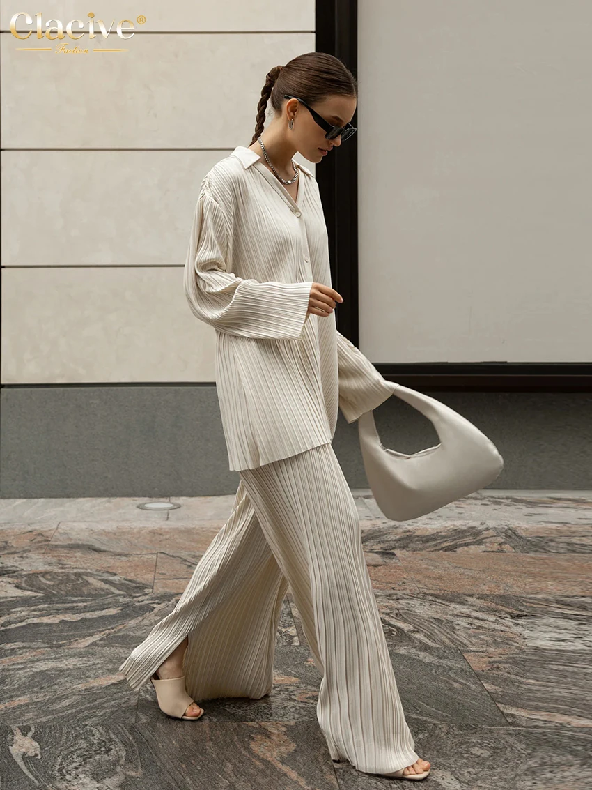 

Clacive Fashion Long Sleeve Blouses Womens Two Peice Sets Casual Loose Slit Wide Trouser Suits Elegant White Pleated Female Set