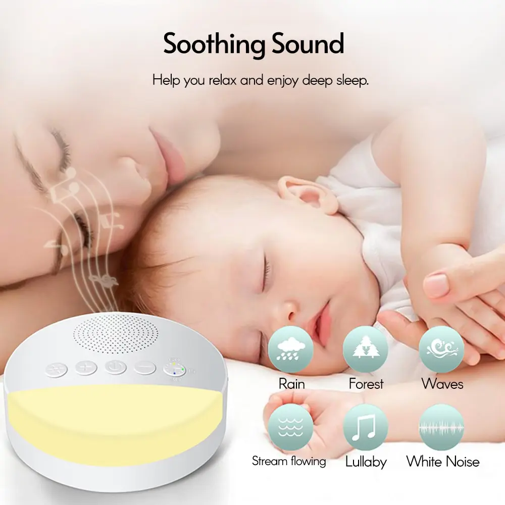 Machine de sommeil blanche pour bébé, 6 sons apaisants intégrés, respiration douce, lumière, arrêt chronométré, lecteur sonore