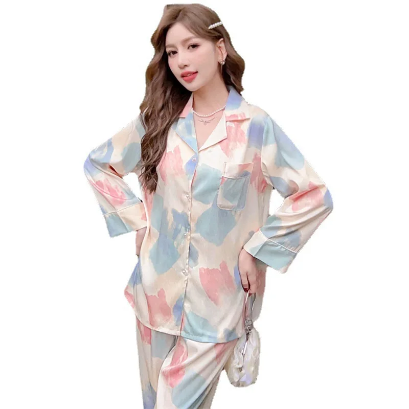 New Sleepwear Women's Ice and Snow Silk Fashion Printed Long sleeved Pants Cardigan Home Fury