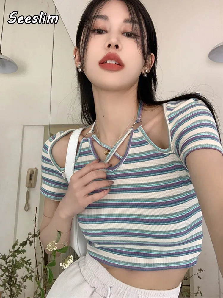 

Женская футболка в полоску Seeslim Y2k, летняя Винтажная футболка в стиле Харадзюку с коротким рукавом, с вырезами и лямкой на шее
