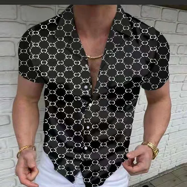 Summer New Men's Clothing European American Retro Trend Shirt Cardigan Single-Breasted Men's Short Sleeve Printing Shirt C026 Black