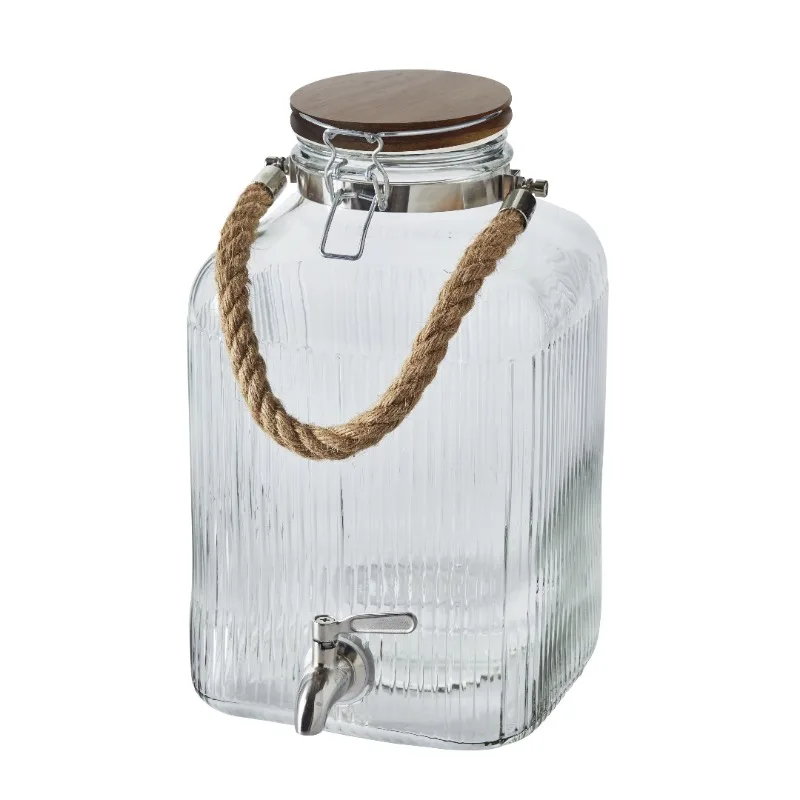 

2 Gallon Ribbed Clear Glass Beverage Dispenser with Acacia Wooden Lid