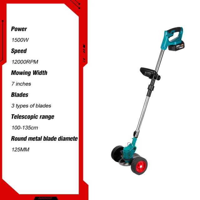 1500W 12000Prm Elektromos Fűnyíró Vezeték Nélküli Fűvágó Hossza Állítható Összecsukható Vágó Kerti Szerszámok Makita 18 V Akkumulátorhoz - Image 2