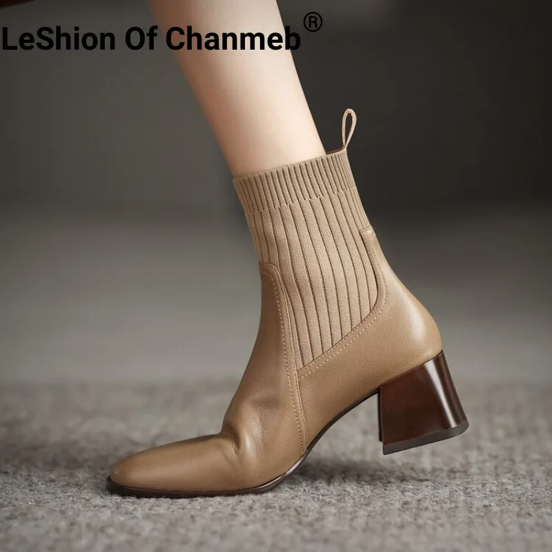 

LeShion Of Chanmeb Natural Leather Chelsea Boots Women High Quality Medium Heels Sock Boots Mature Woman Nude Square Toe Shoe 42