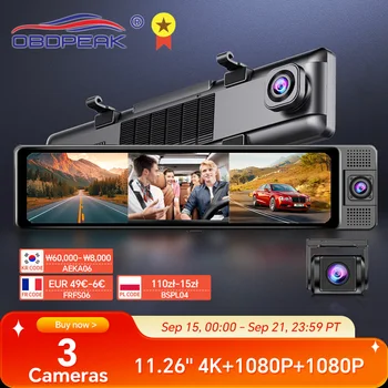 H330 Dash Cam 3 Channel Rearview Mirror Front Inside Rear 4K+1080P+1080P WiFi GPS Dual Lens Car Dvr Camera Infrared Night Vision