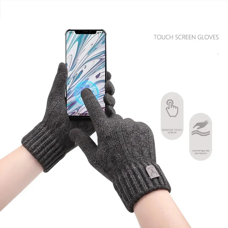 New men's warm gloves winter touch screen plus fleece gloves cold warm wool knitted gloves Outdoor Windproof Skiing Snow Mittens 4