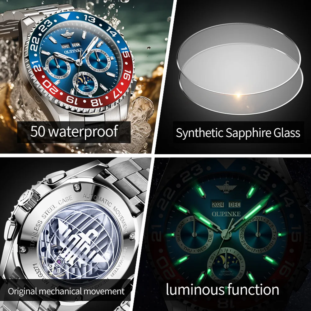 OUPINKE 3271 Automatic Mechanical Man Watch Classic Luxury Perpetual Calendar Moon Phase Waterproof Luminous Men's Dress Watches
