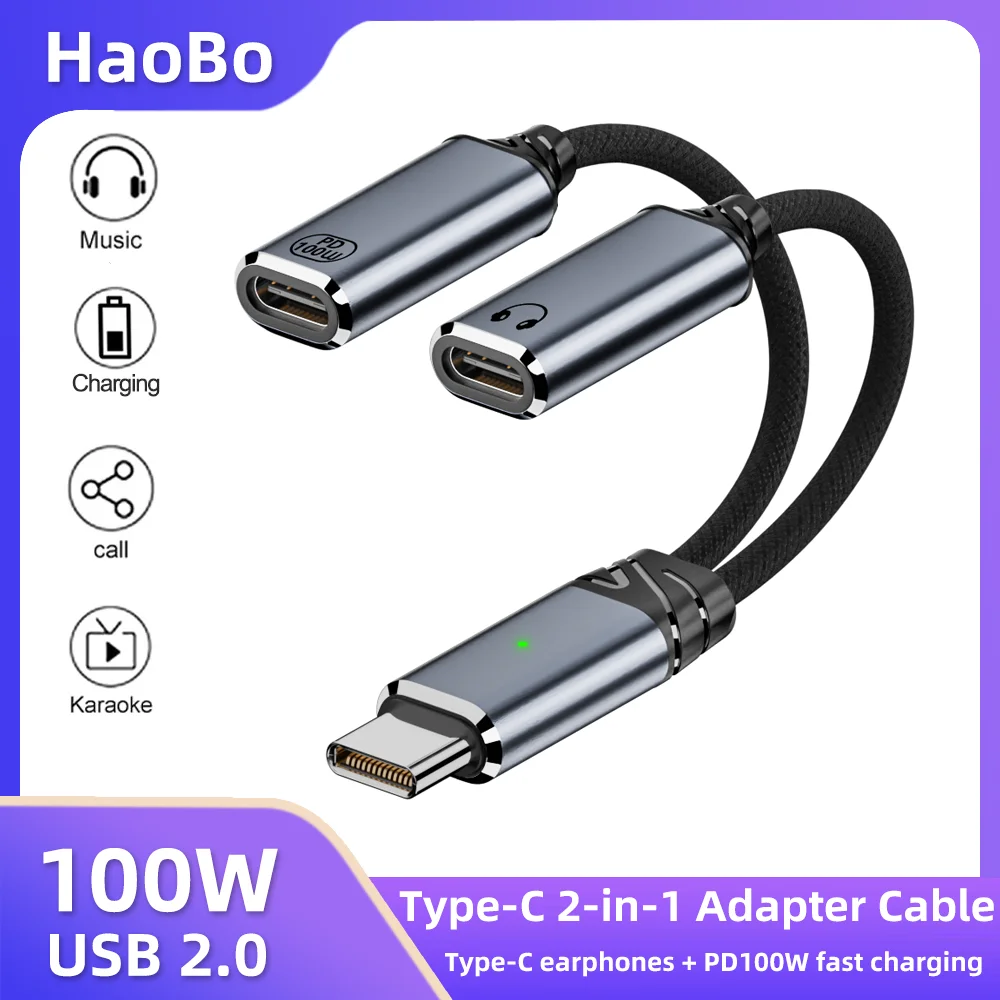 Divisor usb c 2 em 1 para adaptador de áudio de entrada de fone de ouvido tipo c duplo pd 100w carregador rápido para samsung iphone 15/16 huawei xiaomi