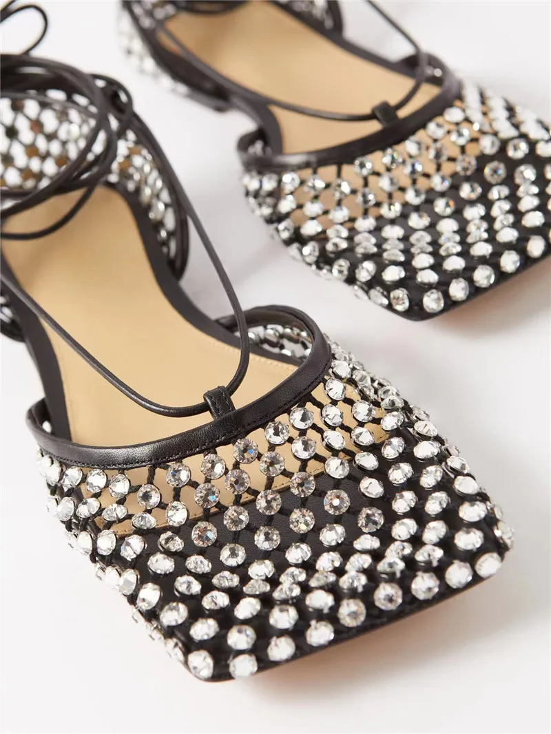Crystal Diamond Foot Ring Strap Square Head Hollow Mesh Surface Shallow Cut Large Flat Bottom Sandals for Women