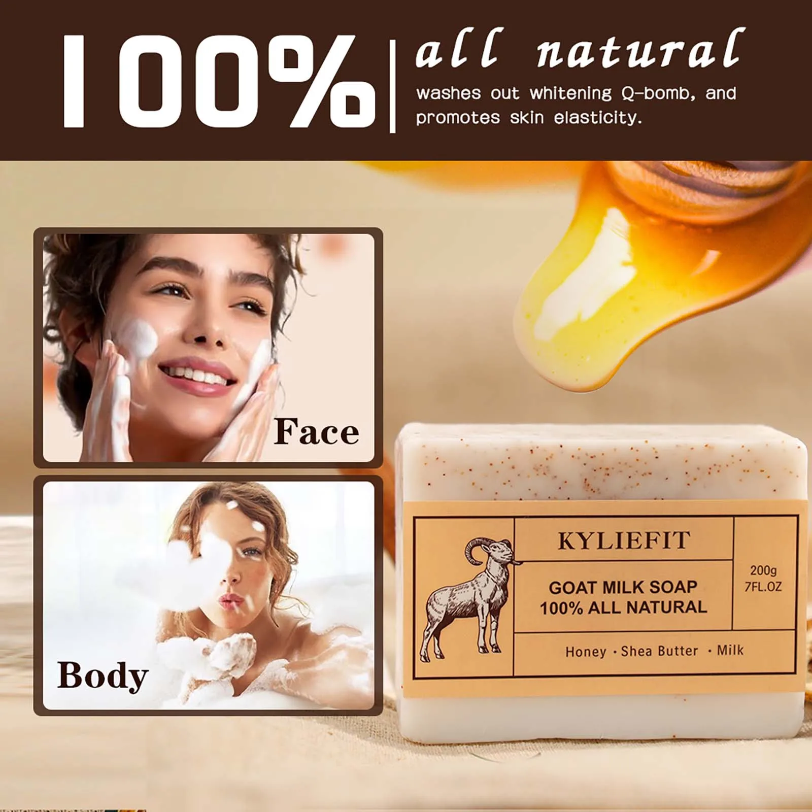 KYLIEFIT Goat Milk Brightening Soap Bar, Remove Spots, Natural, Lightening, Cleaning, Moisturize, With Honey, Shea Butter, 200g
