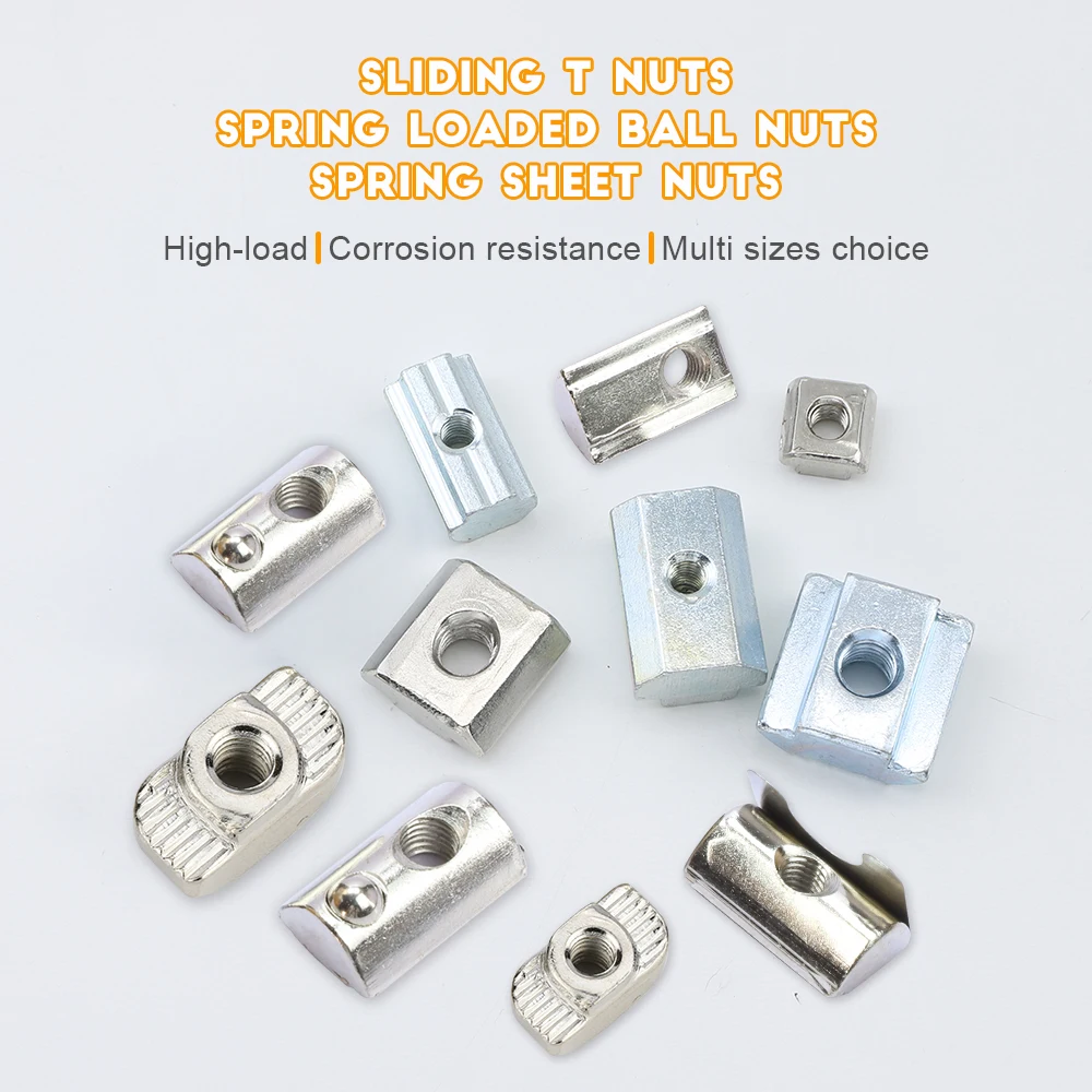 T Block Sliding Nut M3 M5 M6 M8 Zinc/Nickel Plated Roll in Spring T-nut With Ball 5-10pcs For 20 30 40 45 Aluminum Profile Slot