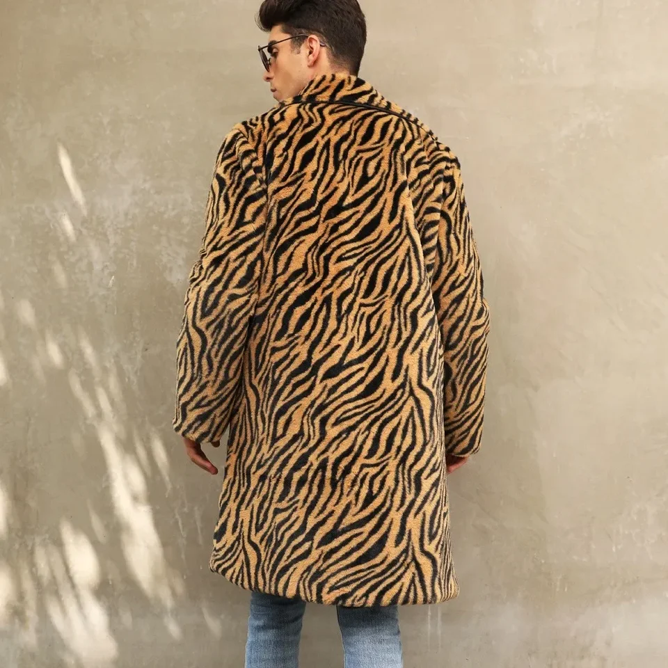 Faux Fur Coat Men's Mid Long Faux Fur Jacket Winter Warm Lapel