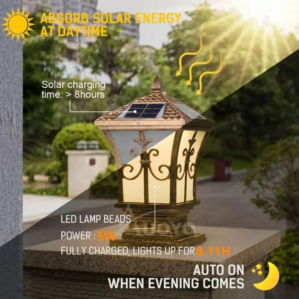 Solar LED Pillar Light Retro Lantern Waterproof Outdoor Porch Column Lamp 4 LED Modes Night Light For Garden Fence Decoration 3