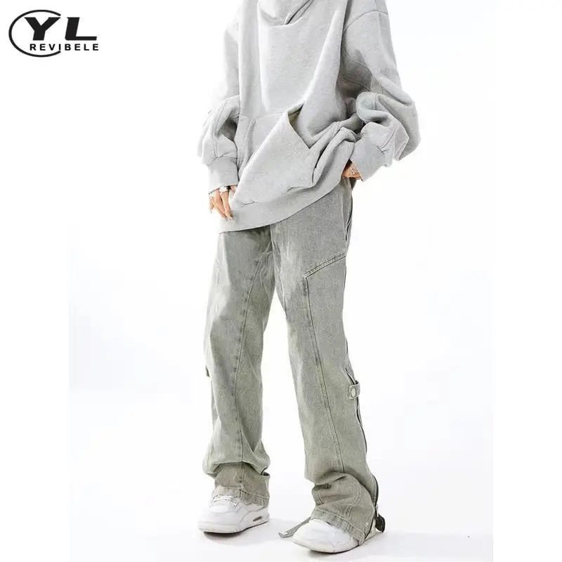High Street Side Zipper Jeans Men Hip Hop Retro Casual Denim Pants Male American Baggy Pant Washed Straight Wide Leg Trousers