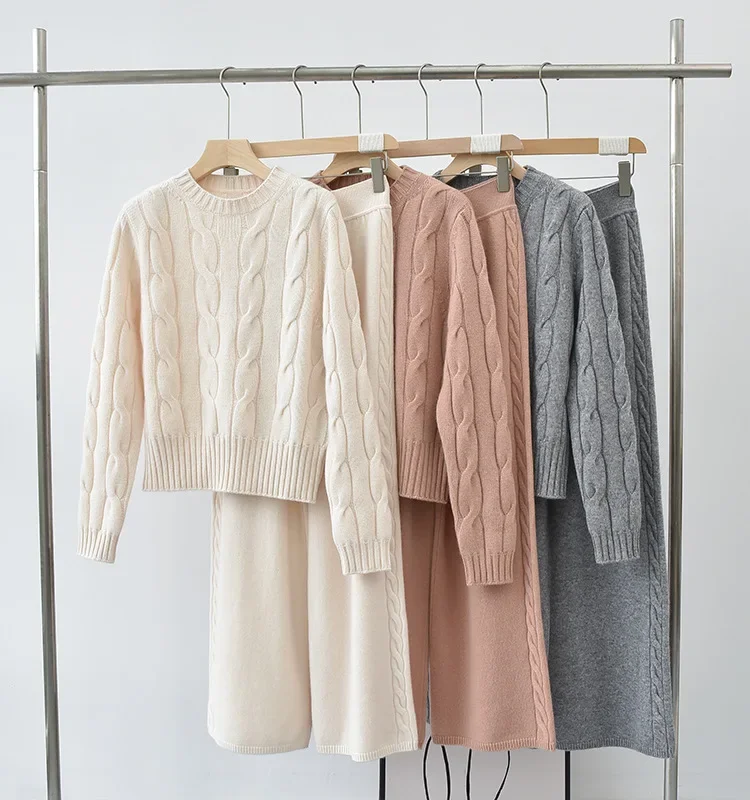 

Женский кашемировый вязаный костюм, пуловер с круглым вырезом или свободные длинные брюки с поясом на резинке, Осень-зима 2023