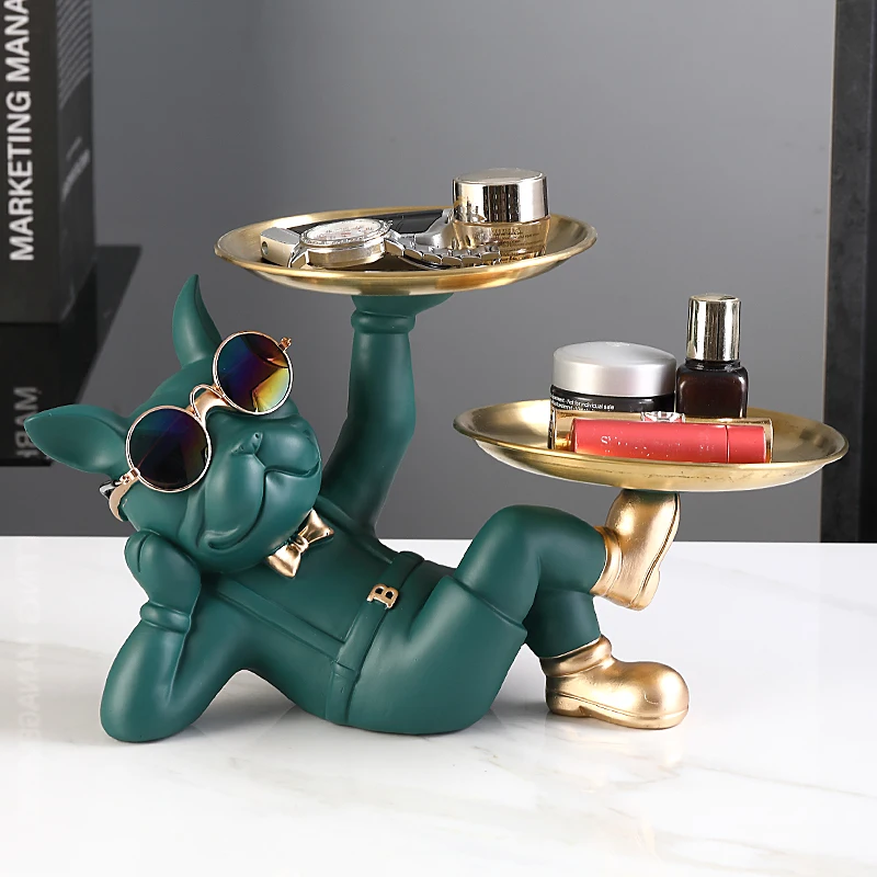 Statue chien bouledogue français en résine avec double plateau en métal | 2023
