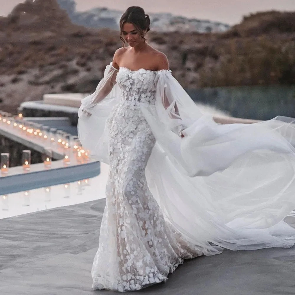 

Bohemian Mermaid Wedding Dresses with Remove Cape Sleeve 3D Floral Beach Country Graden Bridal Gown with Detachable Train