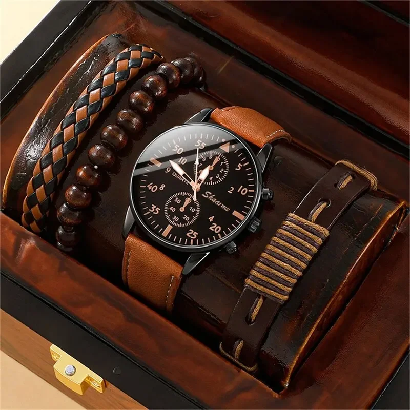 4Pcs Luxury Bracelet Fashion Business Brown Leather Quartz Watch Men's Gift Set