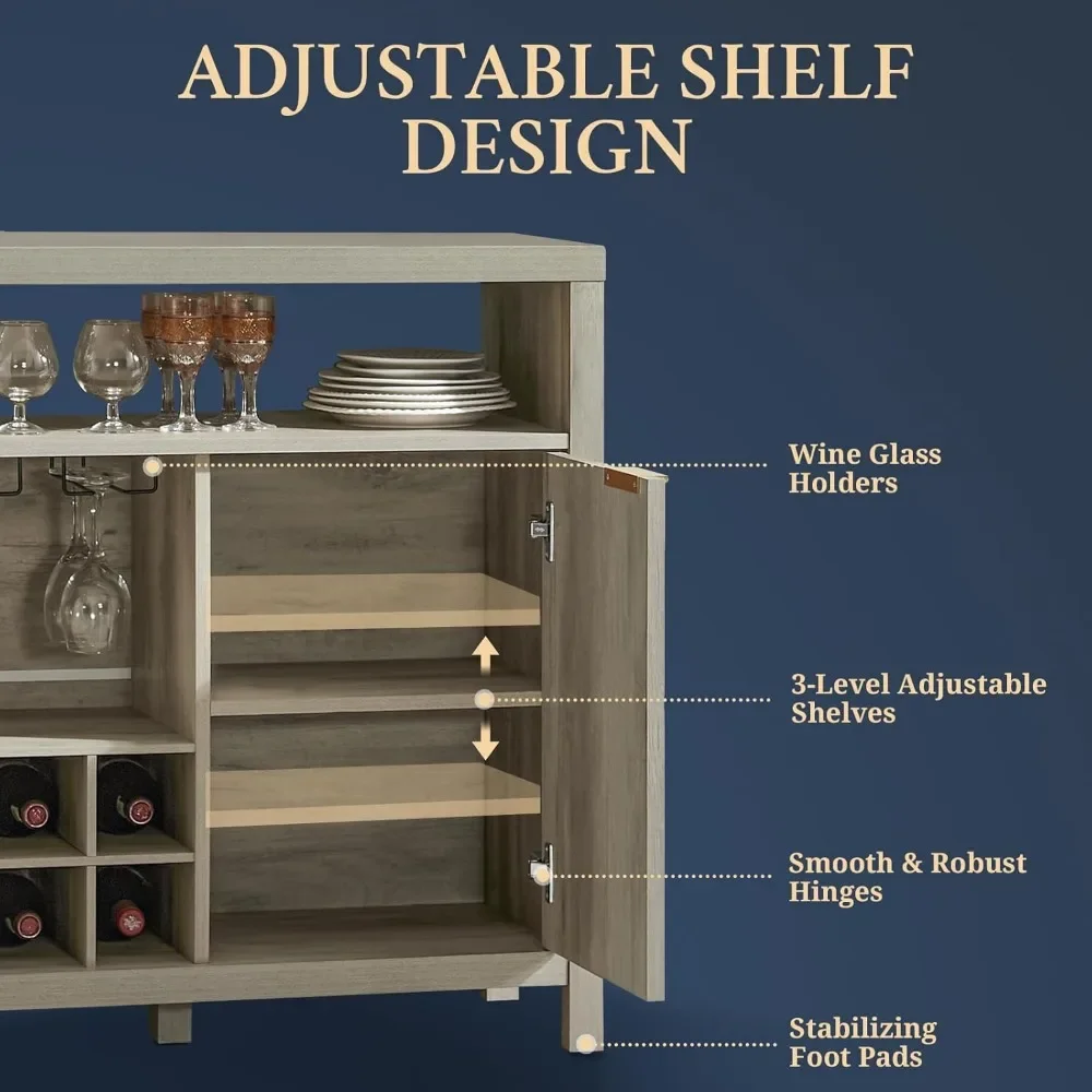Mid Century Bar Cabinets-51" Buffet Cabinet with Storage & Wine Rack, 32.8" Tall Liquor Bar Cabinet for Kitchen (Grey Oak)
