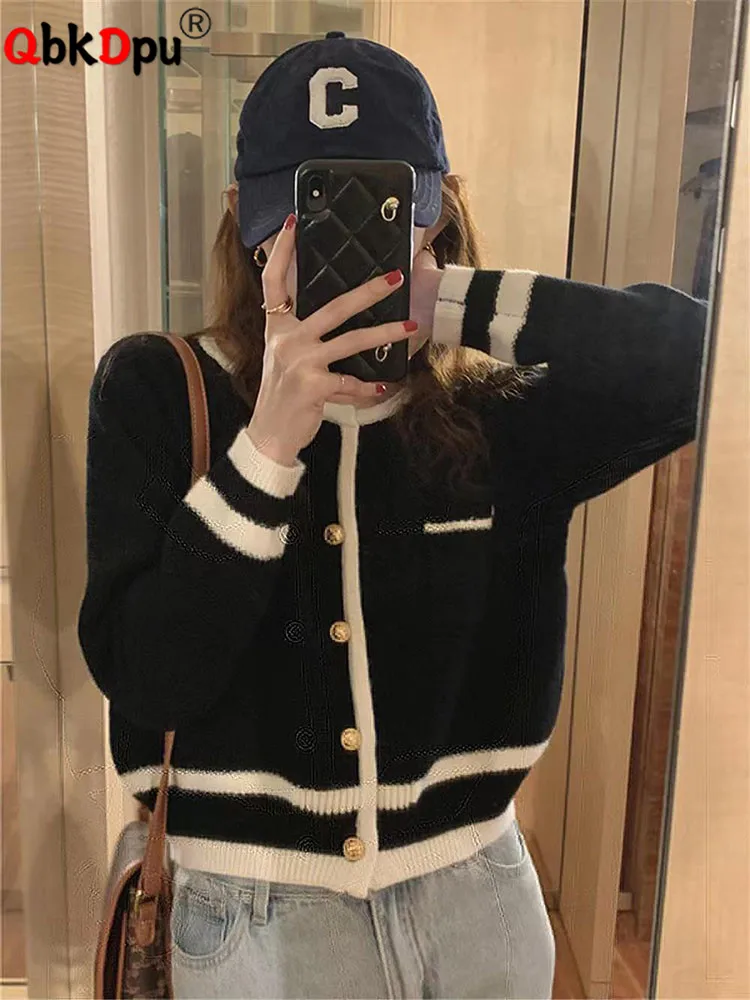 

Korean Patchwork Short Knitted Coat Spring Fall Women New Fashion Sweater Cardigan Sweet Single Breasted Tricots Jackets