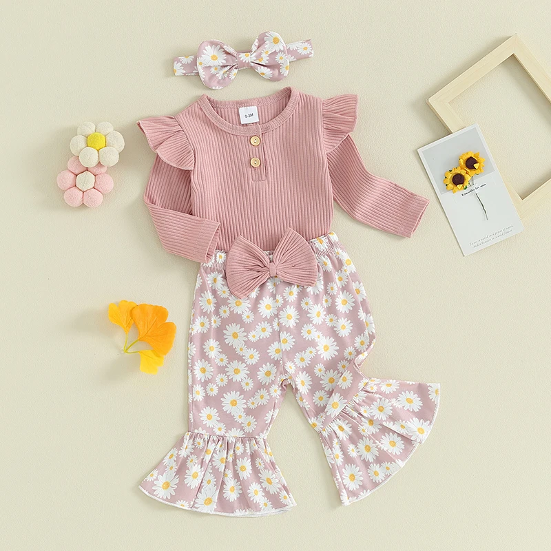 

Baby Girls 3 Piece Outfits Ribbed Long Sleeves Romper and Daisy Print Elastic Flared Pants Headband Set Fall Clothes