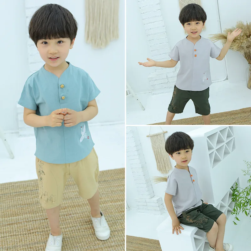 

Summer Boys Short Sleeve Embroidery Tang Suit Kids Cotton Ancient Two Piece Set Han Fu Children Chinese Lovely Clothing