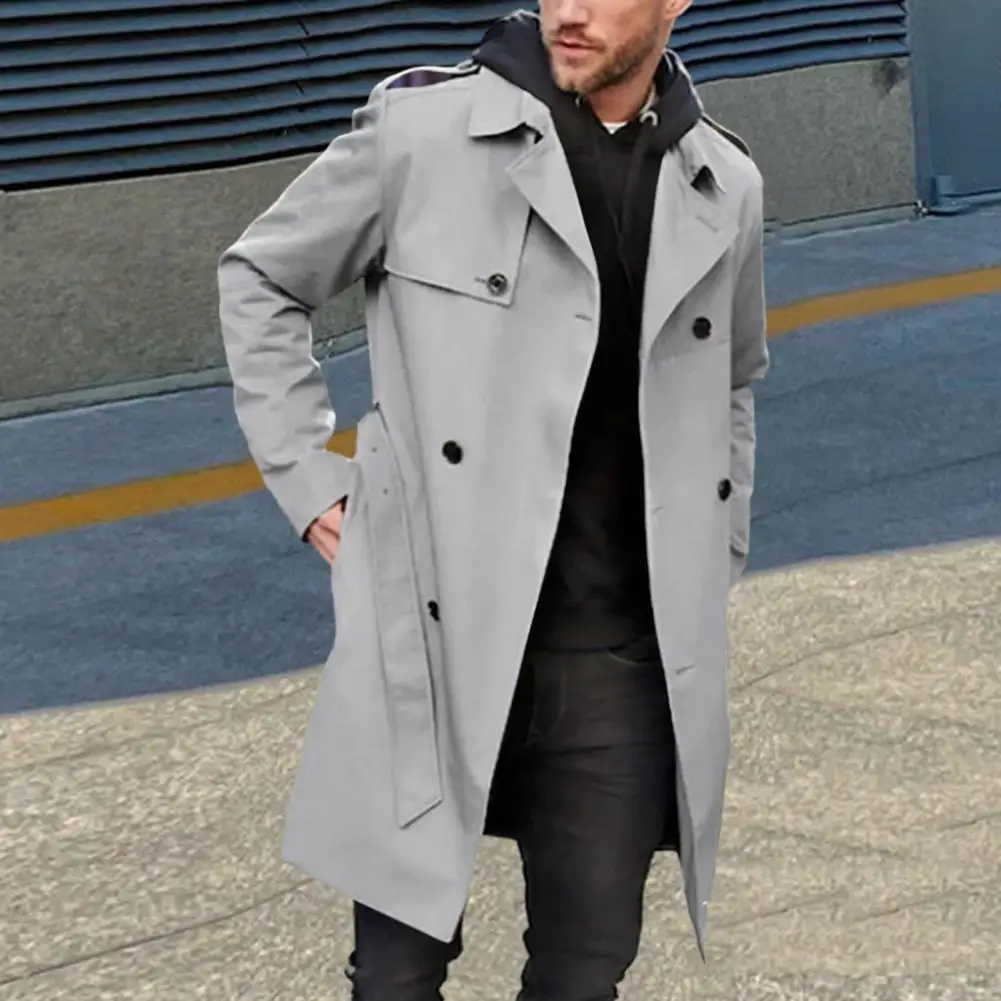 Men Autumn Winter Trench Coat Solid Color Lapel Long Sleeve Windbreaker Double-breasted Pockets Belt Long Coat Streetwear