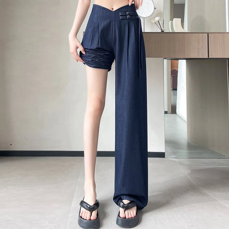 New Chinese style Tencel Jeans Women's Summer Thin High Waist Draping Chinese Pan Buckle Narrow Straight Suit Wide Leg Pants