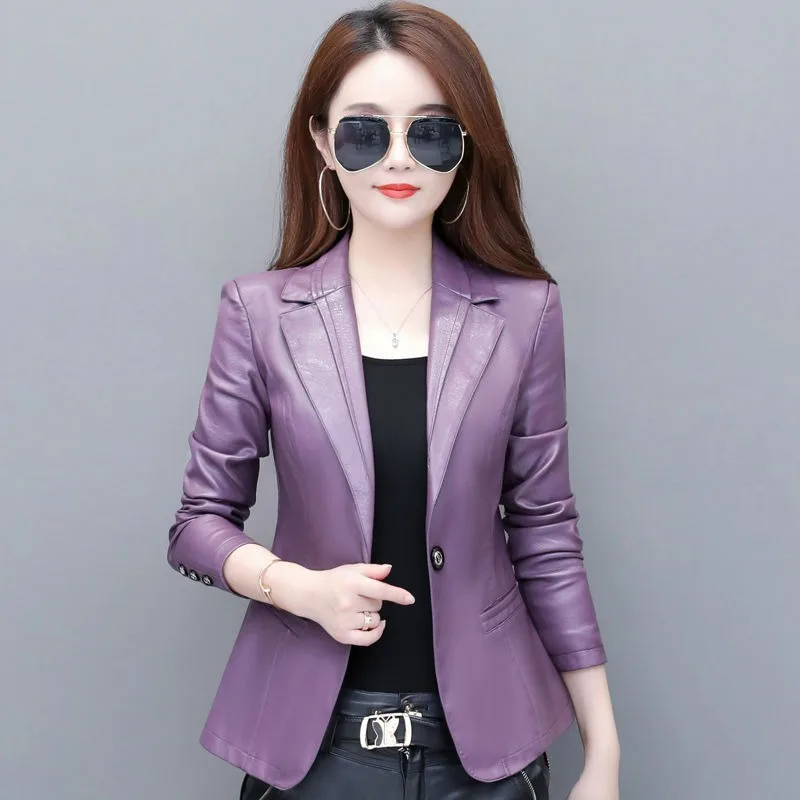2023 Autumn Winter New Casual Leather Women Slim Large Size Leather Suit Collar Jacket Leather Short Loose Pure Color Coat