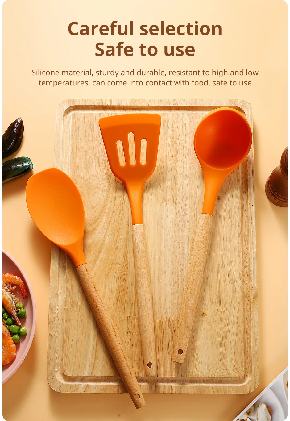 Description Picture 3 of item3-Piece Set of Wooden Handle Silicone Kitchen Utensils Cooking Utensils Set Non Stick Shovel Cooking Utensils Baking Tools