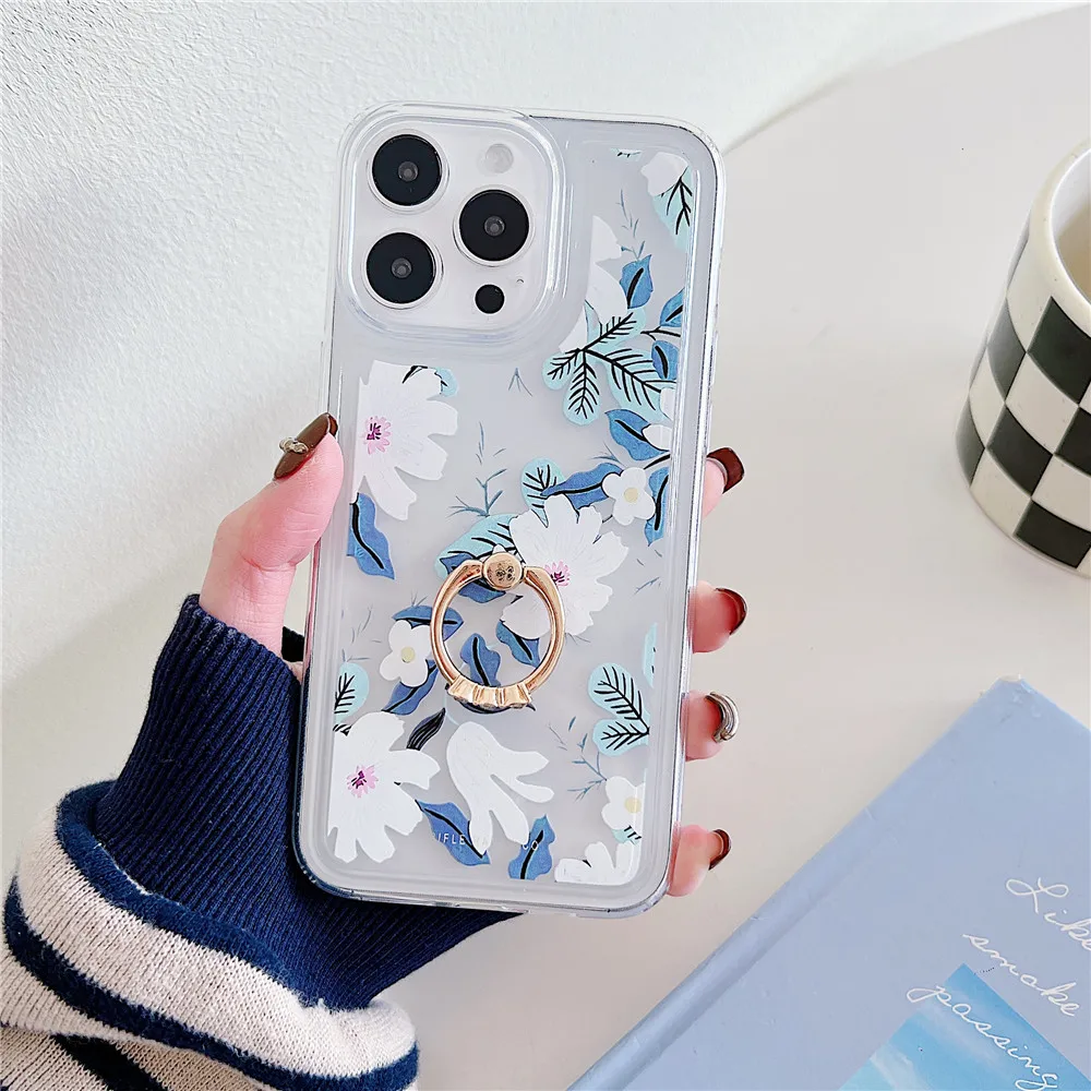 Coque de téléphone transparente avec porte-fleurs de Style coréen, étui Transparent pour iphone 15 14 12 13 11 Pro Max Plus, support Floral mignon pour fille_voghion.com